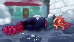 Size: 5000x2838 | Tagged: safe, alternate version, artist:smudge proof, imported from derpibooru, sunset shimmer, equestria girls, equestria girls series, holidays unwrapped, spoiler:eqg series (season 2), adult diaper, ass, bunset shimmer, butt, diaper, diaper butt, diaper fetish, diaper under clothes, female, fetish, non-baby in diaper, on ground, patreon, saving pinkie's pie, snow, snowball, snowball fight, snowballs, snowfort, unconscious, winter