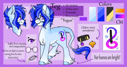 Size: 2200x1168 | Tagged: safe, artist:silentwolf-oficial, imported from derpibooru, oc, oc:silent wolf, pony, unicorn, collar, colored hooves, colored pinnae, female, glasses, hoof fluff, horn, mare, pale belly, reference sheet, unicorn oc