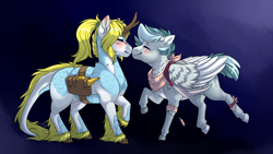 Size: 2774x1567 | Tagged: safe, artist:silentwolf-oficial, imported from derpibooru, oc, oc only, kirin, pegasus, pony, bag, banana, blushing, cloven hooves, food, kirin oc, leonine tail, oc x oc, pegasus oc, raised hoof, saddle bag, shipping, wings