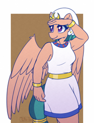 Size: 1374x1787 | Tagged: safe, artist:puetsua, imported from derpibooru, somnambula, anthro, pegasus, abstract background, clothes, dress, egyptian, egyptian pony, female, headdress, mare, solo, wings