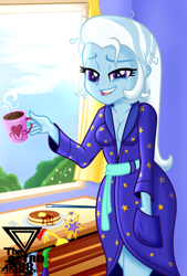 Size: 2000x2952 | Tagged: safe, artist:theretroart88, imported from derpibooru, trixie, equestria girls, absolute cleavage, bathrobe, breasts, busty trixie, cleavage, clothes, coffee, coffee mug, curtains, food, lidded eyes, looking at you, magic wand, messy hair, mug, open mouth, pancakes, robe, rubber chicken, solo, tired, window