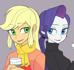 Size: 1620x1533 | Tagged: safe, artist:haibaratomoe, imported from derpibooru, applejack, rarity, equestria girls, clothes, coffee, cup, digital art, female, freckles, lesbian, looking at each other, open mouth, rarijack, scarf, shipping, simple background, smiling, sweater