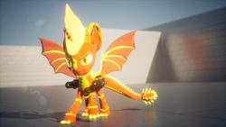 Size: 3840x2160 | Tagged: safe, artist:phoenixtm, imported from derpibooru, oc, oc:delta firedash, alicorn, pony, robot, robot pony, 3d, dual miniguns, lens flare, looking at camera, metallic, robot dracony, scales, shiny, spread wings, unreal engine, weapon, wings