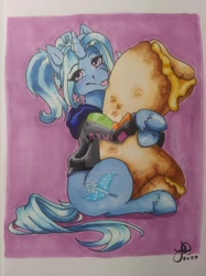 Size: 1600x2134 | Tagged: safe, artist:jocossie, imported from derpibooru, trixie, alternate hairstyle, babysitter trixie, clothes, food, hoodie, taco