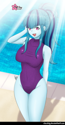 Size: 674x1284 | Tagged: safe, artist:clouddg, imported from derpibooru, sonata dusk, equestria girls, arm behind back, arm behind head, belly button, clothes, female, legs together, looking at you, multiple variants, one-piece swimsuit, open mouth, solo, swimming pool, swimsuit, water