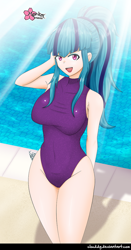 Size: 674x1284 | Tagged: safe, alternate version, artist:clouddg, imported from derpibooru, sonata dusk, human, equestria girls, breasts, busty sonata dusk, clothes, female, human coloration, multiple variants, one-piece swimsuit, solo, swimming pool, swimsuit, thighs, water