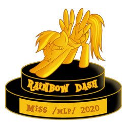 Size: 1365x1329 | Tagged: safe, artist:anonymous, rainbow dash, pegasus, pony, /mlp/, female, gold, golden, iwtcird, meme, miss /mlp/, miss /mlp/ 2020, solo, trophy