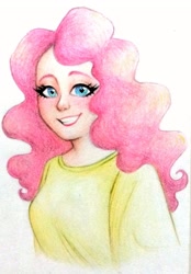 Size: 1423x2048 | Tagged: safe, artist:smol_andriusha, imported from derpibooru, pinkie pie, human, bust, clothes, female, grin, humanized, smiling, solo, traditional art