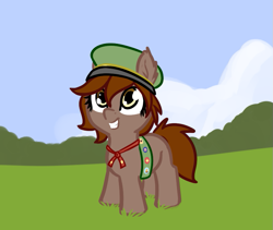 Size: 781x659 | Tagged: safe, artist:neuro, imported from derpibooru, oc, oc only, oc:honour bound, earth pony, pony, fanfic:everyday life with guardsmares, /mlp/, 4chan, earth pony oc, everyday life with guardsmares, female, filly, girl scout, girl scout uniform, hat, sash, smiling