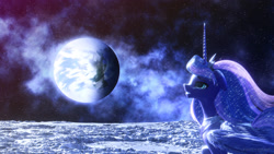 Size: 1920x1080 | Tagged: safe, artist:etherium-apex, imported from derpibooru, princess luna, alicorn, pony, 3d, blender, blender eevee, female, moon, photoshop, solo, space