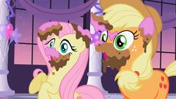 Size: 1280x720 | Tagged: safe, imported from derpibooru, screencap, applejack, fluttershy, pegasus, pony, sweet and elite, balloon, cake, cake in hair, cake on ear, cake on face, canterlot, covered in cake, duo, duo focus, food, open mouth, raised hooves, shocked, shocked expression, shocked face