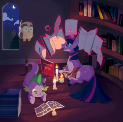 Size: 2923x2890 | Tagged: safe, artist:slowpoke, imported from derpibooru, owlowiscious, spike, twilight sparkle, bird, dragon, owl, pony, unicorn, book, bookshelf, candle, comic book, crescent moon, cute, cute little fangs, digital art, digital painting, fangs, female, ink, inkwell, lying down, magic, male, mare, moon, night, night sky, open mouth, owlabetes, painting, pillow, power ponies comic, profile, prone, quill, reading, realistic horse legs, sky, smiling, spikabetes, stars, telekinesis, twiabetes, unicorn twilight
