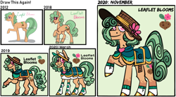 Size: 1224x677 | Tagged: safe, artist:spudsmcfrenzy, imported from derpibooru, oc, oc only, oc:leaflet blooms, earth pony, pony, art evolution, clothes, female, mare, solo