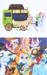 Size: 2550x4020 | Tagged: safe, artist:frozensoulpony, imported from derpibooru, double diamond, dumbbell, feather bangs, gilda, rainbow dash, sugar belle, oc, oc:baby face, oc:goji, oc:hopscotch, oc:pastel sails, dog, griffon, hippogriff, pony, doublebangs, dumbdash, female, gay, gildabelle, half-siblings, interspecies offspring, lesbian, magical gay spawn, magical lesbian spawn, male, offspring, parent:double diamond, parent:dumbbell, parent:feather bangs, parent:gilda, parent:rainbow dash, parent:sugar belle, parents:doublebangs, parents:doubledash, parents:dumbdash, parents:gildabelle, pet oc, shipping, straight, traditional art, wagon