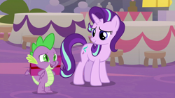 Size: 1920x1080 | Tagged: safe, imported from derpibooru, screencap, spike, starlight glimmer, dragon, pony, unicorn, the last problem, holding a present, male, present, winged spike, wings