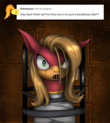Size: 718x800 | Tagged: safe, artist:zoarvek, imported from derpibooru, oc, oc only, oc:pun, earth pony, pony, ask pun, ask, bondage, hannibal lecter, muzzle, silence of the lambs, solo, straitjacket