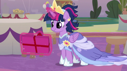 Size: 1920x1080 | Tagged: safe, imported from derpibooru, screencap, twilight sparkle, alicorn, pony, the last problem, clothes, coronation dress, crown, dress, glowing horn, horn, jewelry, magic, magic aura, present, regalia, second coronation dress, solo, twilight sparkle (alicorn)