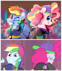 Size: 927x1065 | Tagged: safe, artist:foxklt, imported from derpibooru, screencap, pinkie pie, rainbow dash, earth pony, human, pegasus, pony, snail, a queen of clubs, equestria girls, equestria girls series, female, lesbian, obtrusive watermark, pinkiedash, rapper dash, rapper pie, scene interpretation, screencap reference, screenshot redraw, shipping, watermark