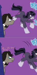 Size: 750x1502 | Tagged: safe, artist:jitterbugjive, imported from derpibooru, doctor whooves, time turner, twilight sparkle, hengstwolf, pegasus, pony, unicorn, werewolf, windigo, ask discorded whooves, twilight unbound, 2 panel comic, ask, bowtie, comic, crossover, dialogue, discord whooves, doctor who, gritted teeth, multiverse, race swap, sonic the hedgehog (series), sonic unleashed, style emulation, tardis, the doctor, tumblr, tumblr crossover, werehog, werelight shine