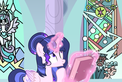 Size: 1835x1244 | Tagged: safe, artist:firegalaxysparkle, imported from derpibooru, cozy glow, lord tirek, princess flurry heart, oc, oc:ice galaxy, alicorn, pony, female, magic, mare, stained glass