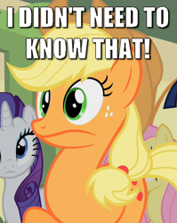 Size: 441x555 | Tagged: safe, edit, edited screencap, imported from derpibooru, screencap, applejack, fluttershy, rarity, earth pony, pony, over a barrel, season 1, caption, female, image macro, mare, reaction image, shocked, solo focus, text, too much information