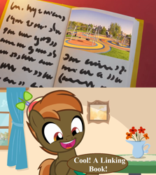 Size: 1246x1400 | Tagged: safe, artist:jan, edit, imported from derpibooru, screencap, button mash, book filled adventure, my little pony: stop motion short, book, buttonbetes, cute, flower, hat, linking book, myst, playground, propeller hat, speech, speech bubble, talking, that pony sure does love computer games, vase