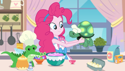 Size: 1366x768 | Tagged: safe, imported from derpibooru, screencap, gummy, pinkie pie, tank, alligator, reptile, tortoise, equestria girls, equestria girls series, the craft of cookies, spoiler:eqg series (season 2), apron, chef's hat, clothes, female, geode of sugar bombs, hat, headband, kitchen, magical geodes, male, plushie, sink, tanktop, window