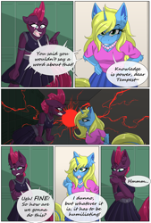 Size: 4450x6600 | Tagged: safe, artist:lilac blaze, imported from derpibooru, tempest shadow, oc, oc:sassy spirits, anthro, unguligrade anthro, unicorn, comic:livestream, angry, blushing, breasts, clothes, colored, comic, elbow fluff, fishnet clothing, fishnets, jewelry, leather, lockers, mohawk, necklace, pearl necklace, pleated skirt, skirt, smug