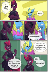 Size: 4450x6600 | Tagged: safe, artist:lilac blaze, imported from derpibooru, tempest shadow, oc, oc:sassy spirits, anthro, unguligrade anthro, unicorn, comic:livestream, breasts, clothes, colored, comic, elbow fluff, evil grin, fishnet clothing, fishnets, grin, hand on hip, jewelry, leather, lockers, mohawk, necklace, pearl necklace, pleated skirt, skirt, smiling