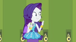 Size: 1280x720 | Tagged: safe, imported from derpibooru, screencap, rarity, equestria girls, equestria girls series, fomo, spoiler:eqg series (season 2), backpack, bracelet, clothes, female, geode of shielding, jewelry, lockers, magical geodes, pencil skirt, rarity peplum dress, skirt, smiling