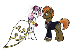 Size: 2707x1887 | Tagged: safe, artist:melspyrose, imported from derpibooru, button mash, sweetie belle, earth pony, pony, unicorn, bride, clothes, couple, dress, female, flower, groom, looking at each other, male, mare, marriage, older, older button mash, older sweetie belle, rose, shipping, simple background, stallion, straight, sweetiemash, transparent background, wedding, wedding dress, wedding suit, wedding veil