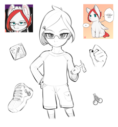 Size: 1200x1300 | Tagged: safe, artist:sugarelement, imported from derpibooru, oc, oc only, oc:red cherry, human, pegasus, pony, cherry, clothes, food, glasses, hammer, humanized, maid, maid headdress, milk, milk box, nail polish, pony reference, shoes, shorts, sneakers, solo, strawberry milk