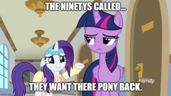 Size: 888x499 | Tagged: safe, edit, edited screencap, imported from derpibooru, screencap, rarity, twilight sparkle, alicorn, pony, unicorn, friendship university, alternate hairstyle, caption, disguise, duo, exploitable meme, female, frown, grammar error, image macro, lidded eyes, looking back, mare, meme, memegenerator, misspelling, plainity, smiling, text, twilight sparkle (alicorn)