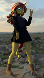 Size: 1080x1920 | Tagged: safe, artist:nevermoredawn, imported from derpibooru, kotobukiya, sunset shimmer, anthro, plantigrade anthro, unicorn, 3d, clothes, devil horn (gesture), devil horns, figurine, nexgen, solo, source filmmaker
