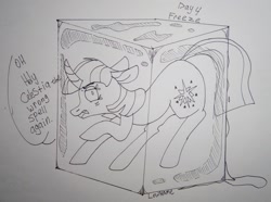 Size: 2048x1522 | Tagged: safe, artist:lowname, imported from derpibooru, twilight sparkle, pony, unicorn, bondage, curved horn, encasement, female, floppy ears, freeze spell, frozen, horn, ice, ice cube, inktober, inktober 2019, magic, mare, monochrome, solo, spell gone wrong, unicorn twilight