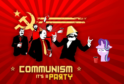 Size: 1138x771 | Tagged: artist needed, safe, edit, imported from derpibooru, starlight glimmer, human, pony, unicorn, 1000 years in photoshop, :i, beard, communism, communist party, cup, disembodied head, facial hair, faux cyrillic, female, fidel castro, hammer and sickle, hat, horn, i mean i see, josef stalin, karl marx, lampshade, lampshade hat, male, mao zedong, mare, moustache, necktie, obligatory pony, party, party hat, partying, red cup, red solo cup, stalin glimmer, text, vladimir lenin