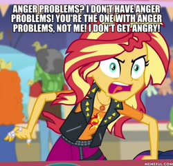 Size: 600x578 | Tagged: safe, edit, edited screencap, imported from derpibooru, screencap, golden hazel, sandalwood, sunset shimmer, equestria girls, equestria girls series, rollercoaster of friendship, angry, blatant lies, caption, geode of empathy, i resemble that remark, image macro, irony, magical geodes, memeful.com, rageset shimmer, sunset shimmer is mad about everything, text, that pony sure have anger issues