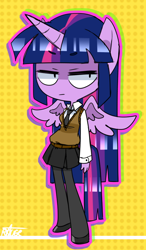 Size: 600x1024 | Tagged: safe, artist:thegreatrouge, imported from derpibooru, twilight sparkle, alicorn, anthro, clothes, cuffs (clothes), female, lidded eyes, looking sideways, necktie, pinpoint eyes, pleated skirt, skirt, solo, sweater vest, twilight sparkle (alicorn), unimpressed