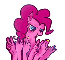 Size: 574x526 | Tagged: safe, artist:drpummeluff, imported from derpibooru, pinkie pie, earth pony, pony, a friend in deed, abomination, cursed, cursed image, nail polish, not salmon, pinkie being pinkie, simple background, solo, suddenly hands, traditional art, wat, what has science done, white background