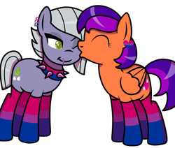 Size: 652x553 | Tagged: safe, artist:kb-gamerartist, imported from derpibooru, limestone pie, oc, oc:jade harmony, oc:jade the pegasus, earth pony, pegasus, pony, bisexual pride flag, canon x oc, choker, clothes, ear piercing, earring, eyes closed, female, heart, jewelry, kissing, lesbian, lip piercing, mare, one eye closed, piercing, pride, pride flag, shipping, simple background, socks, spiked choker, striped socks, transparent background, wink