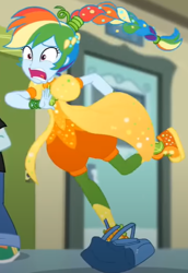 Size: 374x545 | Tagged: safe, imported from derpibooru, screencap, rainbow dash, equestria girls, equestria girls series, holidays unwrapped, spoiler:eqg series (season 2), clothes, converse, cornucopia costumes, cropped, o come all ye squashful, shoes, tripping