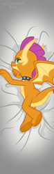 Size: 1969x6299 | Tagged: safe, artist:metalhead97, imported from derpibooru, smolder, dragon, bedroom eyes, body pillow, body pillow design, butt, clothes, collar, commission, cute, dakimakura cover, dragoness, embarrassed body exposure, female, lidded eyes, looking at you, show accurate, smiling, smiling at you, smolderbetes, socks, solo, stretching