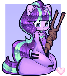 Size: 2648x3000 | Tagged: safe, artist:bunxl, imported from derpibooru, starlight glimmer, anthro, unicorn, blushing, bodysuit, clothes, crossover, equal cutie mark, looking at you, neon genesis evangelion, plugsuit, ponytail, solo, staff, staff of sameness, wingding eyes