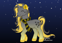 Size: 758x528 | Tagged: safe, artist:monakaliza, imported from derpibooru, oc, oc only, oc:hufflepuff, pony, unicorn, eyes closed, female, flower, flower in hair, happy, harry potter (series), horn, hufflepuff, mare, solo, solo mare, unicorn oc