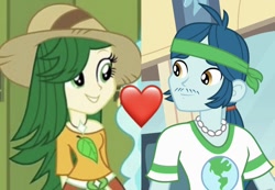 Size: 896x619 | Tagged: safe, edit, edited screencap, imported from derpibooru, screencap, captain planet, sweet leaf, equestria girls, equestria girls series, cropped, eco kids, heart, shipping, shipping domino, sweetplanet