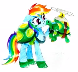 Size: 2276x2115 | Tagged: safe, artist:liaaqila, imported from derpibooru, rainbow dash, tank, pegasus, pony, tortoise, animal costume, cheek to cheek, chest fluff, clothes, costume, cute, dashabetes, female, floppy ears, liaaqila is trying to murder us, liaaqila is trying to murder us with dashabetes, male, mare, nuzzling, pet, simple background, traditional art, white background