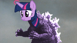 Size: 480x270 | Tagged: safe, edit, editor:tngjstn, imported from derpibooru, screencap, twilight sparkle, alicorn, kaiju, kaiju pony, pony, caption, crossover, female, funny, funny as hell, fusion, godzilla, godzilla (series), image macro, kaijufied, mare, photo, shitposting, solo, species swap, text, toho, twizilla, wtf