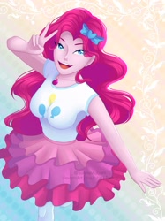 Size: 1280x1714 | Tagged: safe, artist:sunriseauburn, imported from derpibooru, pinkie pie, equestria girls, equestria girls series, abstract background, breasts, busty pinkie pie, clothes, cute, diapinkes, female, geode of sugar bombs, looking at you, magical geodes, open mouth, peace sign, rah rah skirt, skirt, solo, tanktop, watermark