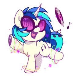 Size: 793x807 | Tagged: safe, artist:yokokinawa, imported from derpibooru, dj pon-3, vinyl scratch, pony, unicorn, bracelet, chibi, female, glasses, glow bracelets, jewelry, mare, music notes, open mouth, record, simple background, solo, stars, white background