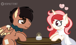 Size: 1280x761 | Tagged: safe, artist:redpalette, imported from derpibooru, oc, oc:lonestar, oc:red palette, blushing, bowtie, candle, clothes, cute, date, dress, restaurant, scarf, shy